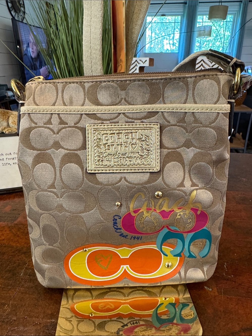 Coach Poppy Taupe Signature Crossbody with Multicolor Graphic Accents